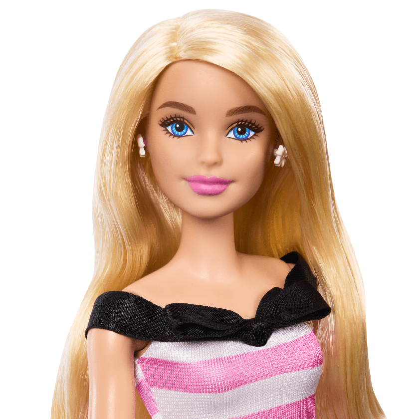 Barbie 65th Anniversary Fashion Doll With Blonde Hair, Pink Striped Dress And Accessories On Sale