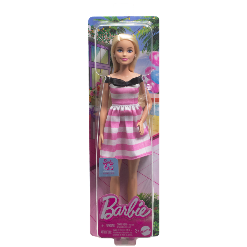 Barbie 65th Anniversary Fashion Doll With Blonde Hair, Pink Striped Dress And Accessories On Sale