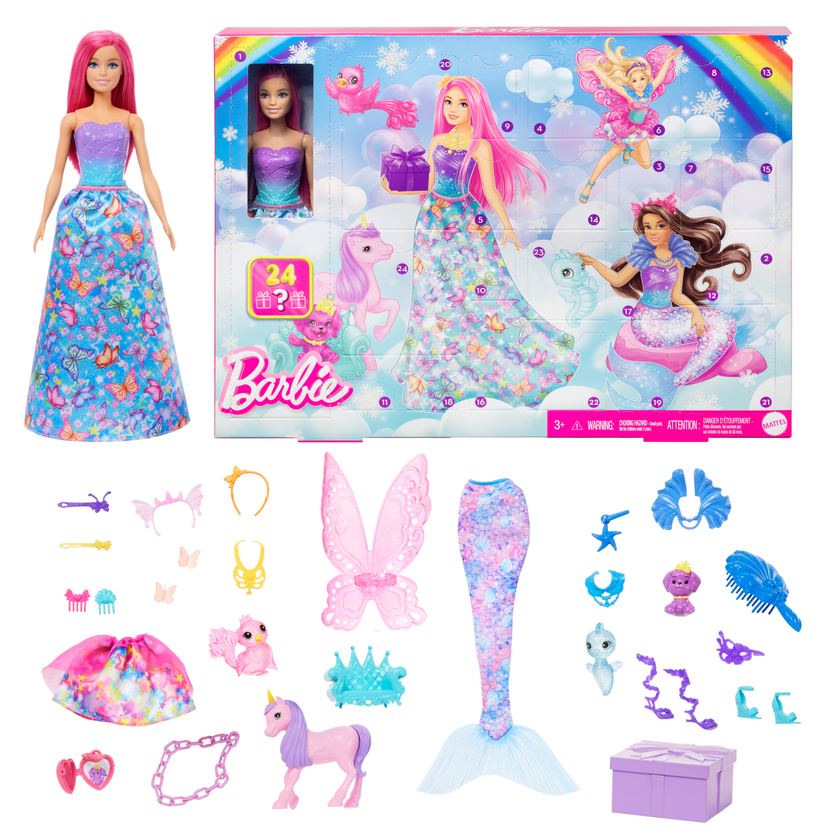 Barbie Advent Calendar, Fashion Doll & 24 Surprise Accessories, Transform To Mermaid & More Free shipping