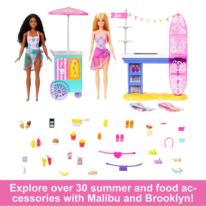 Barbie Beach Boardwalk Playset With Barbie “Brooklyn” & “Malibu” Dolls, 2 Stands & 30+ Accessories Best Buy