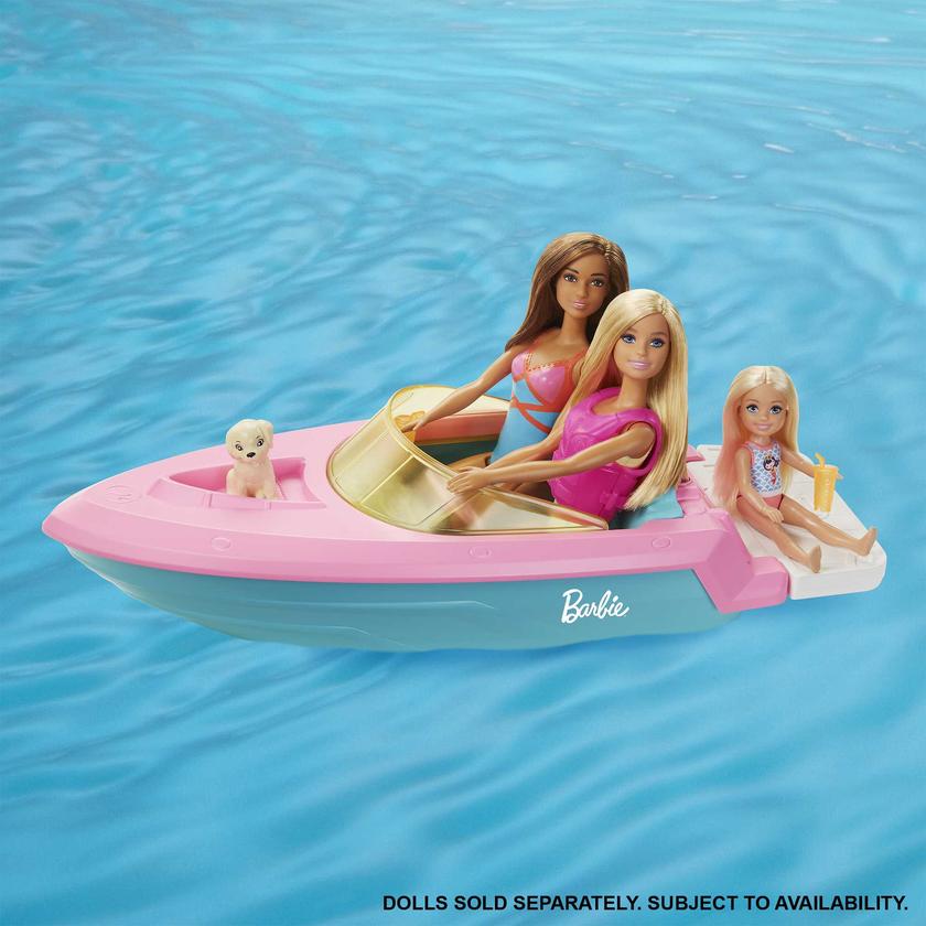 Barbie Boat With Puppy And Accessories, Fits 3 Dolls, Floats in Water, 3 To 7 Year Olds Best Price