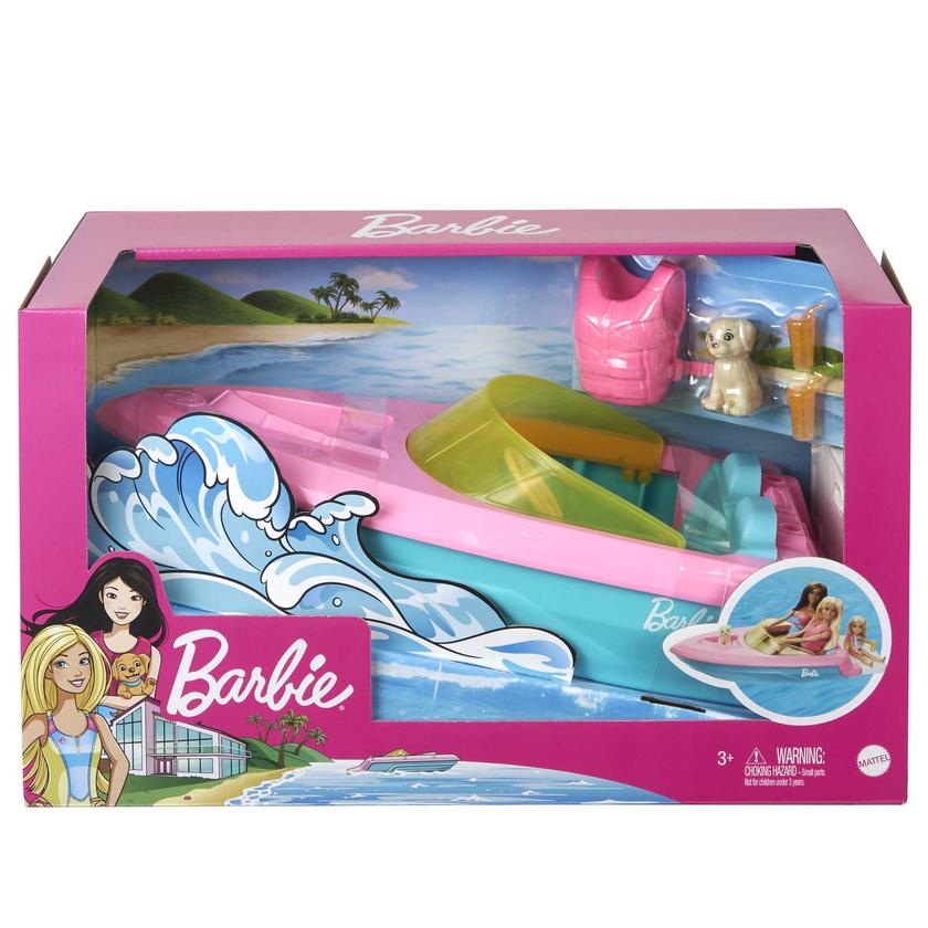 Barbie Boat With Puppy And Accessories, Fits 3 Dolls, Floats in Water, 3 To 7 Year Olds Best Price