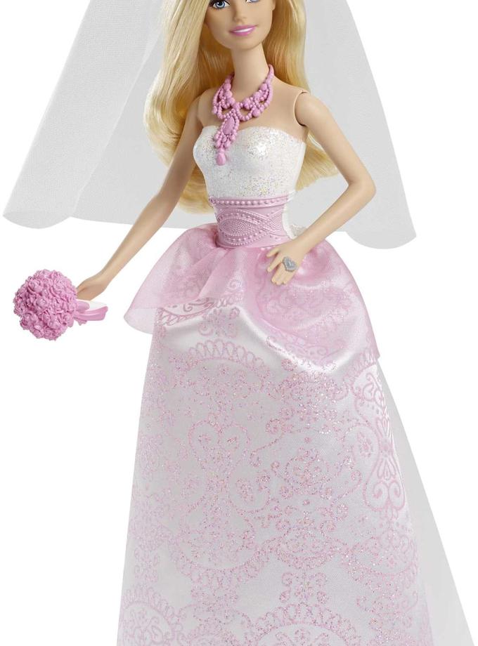 Barbie Bride Doll in White & Pink Wedding Gown With Veil, Necklace & Bouquet On Sale