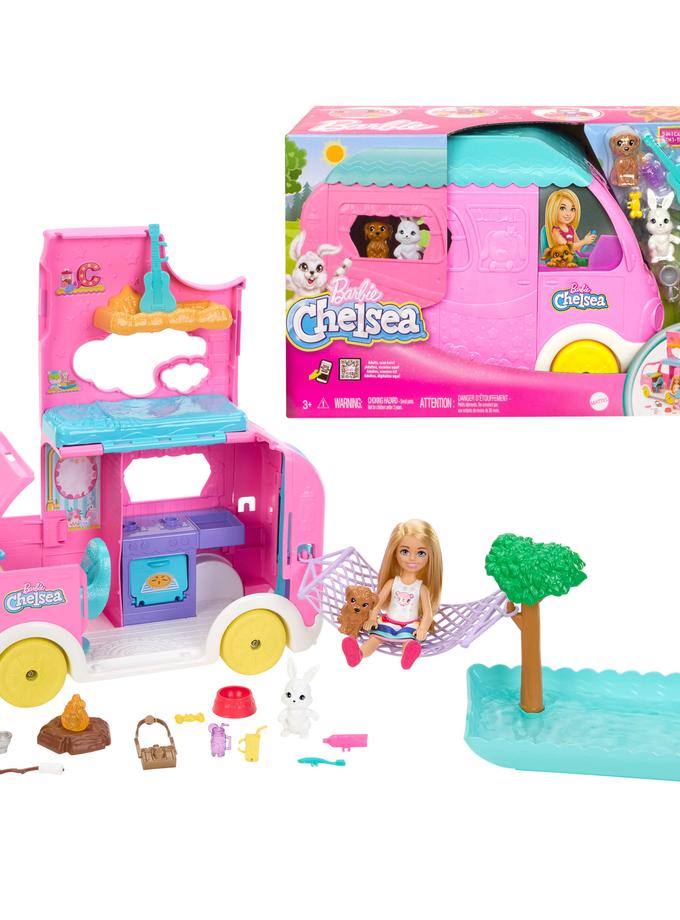 Barbie Chelsea 2-in-1 Camper Playset With Chelsea Small Doll, 2 Pets & 15 Accessories New Arrival