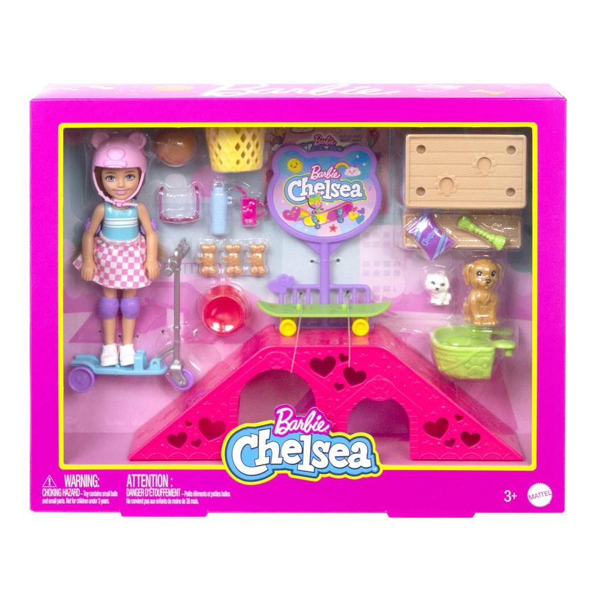 Barbie Chelsea Doll And Accessories, Skatepark Playset With 2 Puppies And 15+ Pieces High Quality