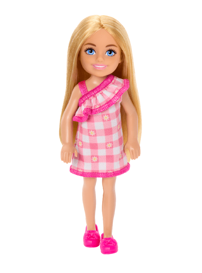 Barbie Chelsea Doll, Small Doll Wearing Removable Checked Dress With Blonde Hair & Blue Eyes Free shipping