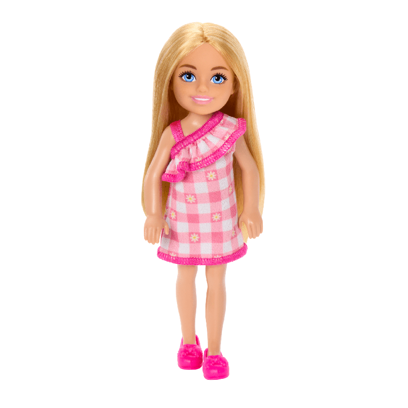 Barbie Chelsea Doll, Small Doll Wearing Removable Checked Dress With Blonde Hair & Blue Eyes Free shipping