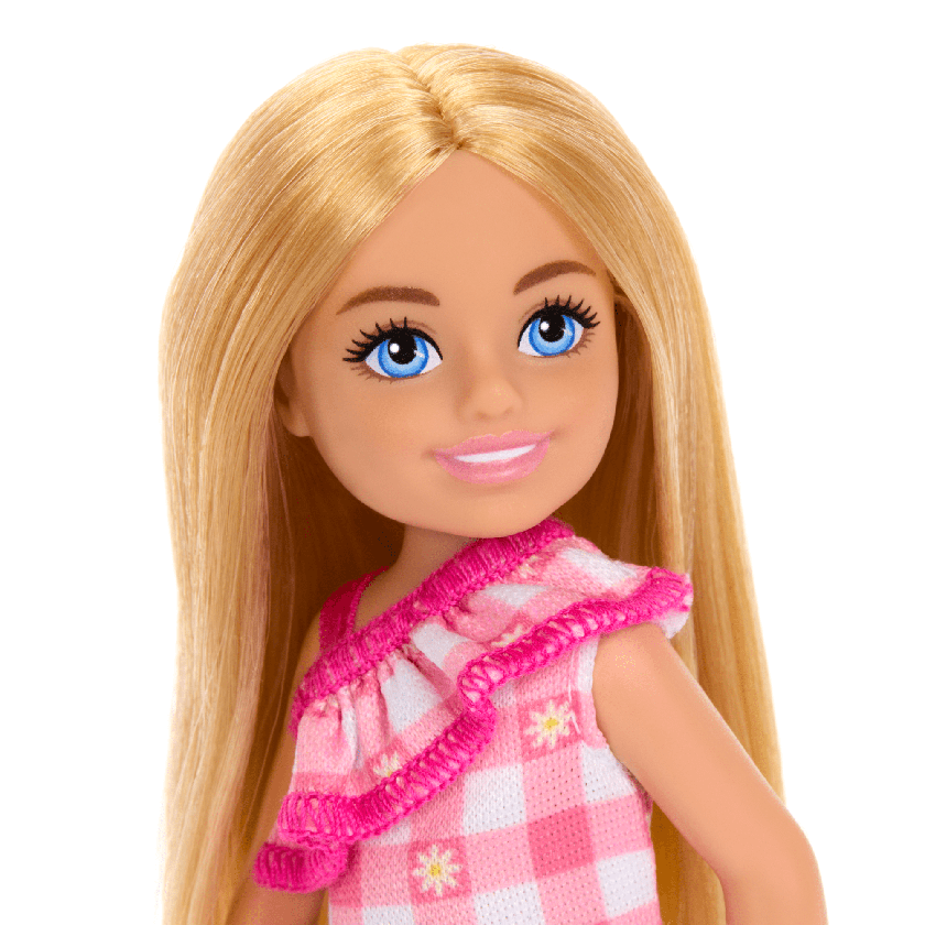 Barbie Chelsea Doll, Small Doll Wearing Removable Checked Dress With Blonde Hair & Blue Eyes Free shipping