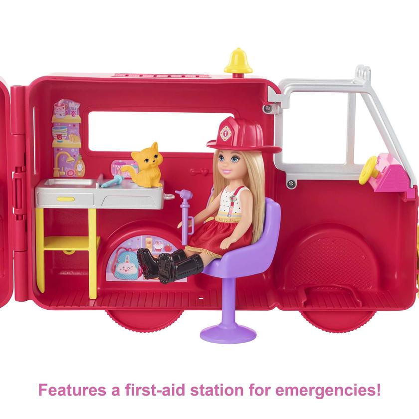 Barbie Chelsea Fire Truck Playset, Chelsea Doll (6 inch), Fold Out Firetruck, 15+ Storytelling Accessories,Stickers 3 & Up High Quality