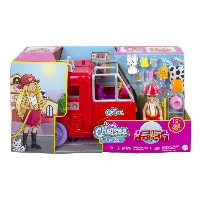 Barbie Chelsea Fire Truck Playset, Chelsea Doll (6 inch), Fold Out Firetruck, 15+ Storytelling Accessories,Stickers 3 & Up High Quality