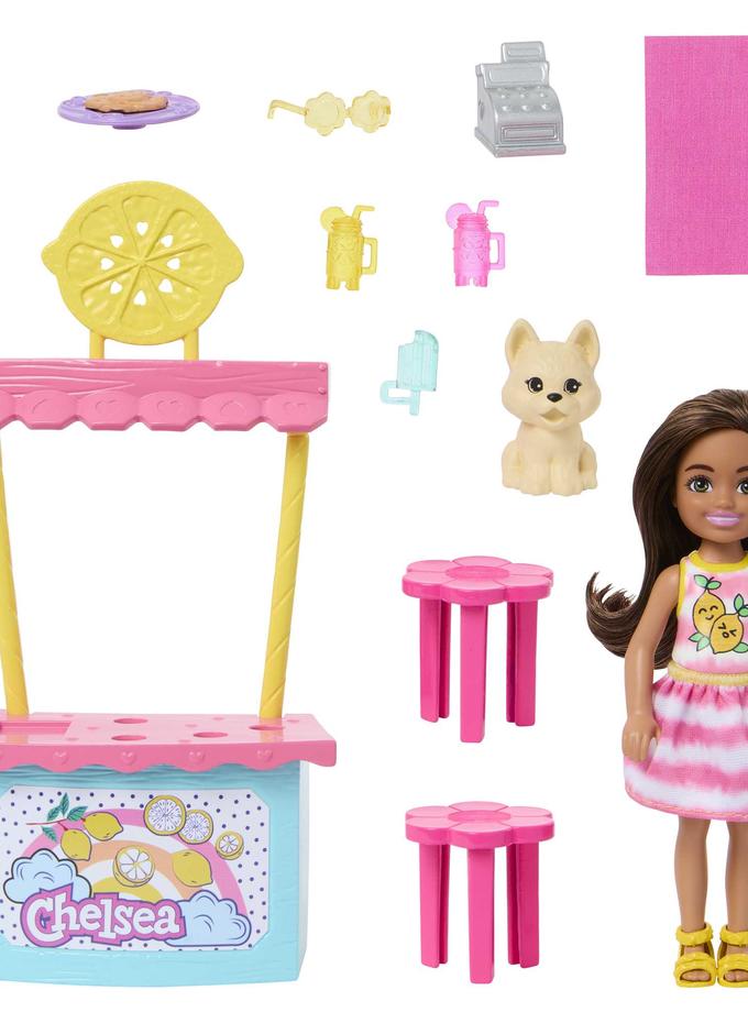 Barbie Chelsea Lemonade Stand Playset With Brunette Small Doll, Puppy, Stand & Accessories Barbie Chelsea Doll & Accessories, Lemonade Stand Playset With Brunette Small Doll, Puppy, Stand & Pieces Best Seller