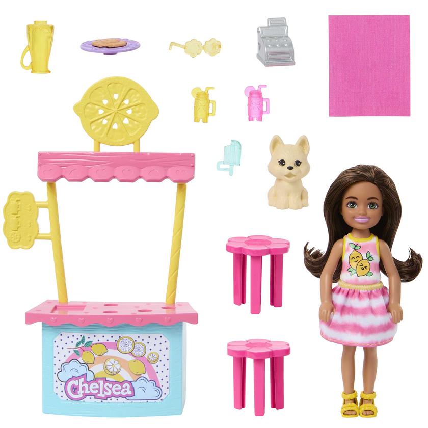 Barbie Chelsea Lemonade Stand Playset With Brunette Small Doll, Puppy, Stand & Accessories Barbie Chelsea Doll & Accessories, Lemonade Stand Playset With Brunette Small Doll, Puppy, Stand & Pieces Best Seller