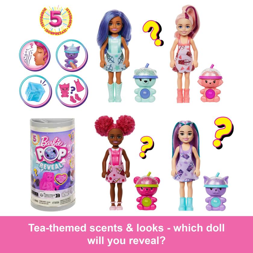 Barbie Chelsea Pop Reveal Boba Tea Series Doll in Tea Can-Inspired Package With 5 Surprises, Scented Free shipping