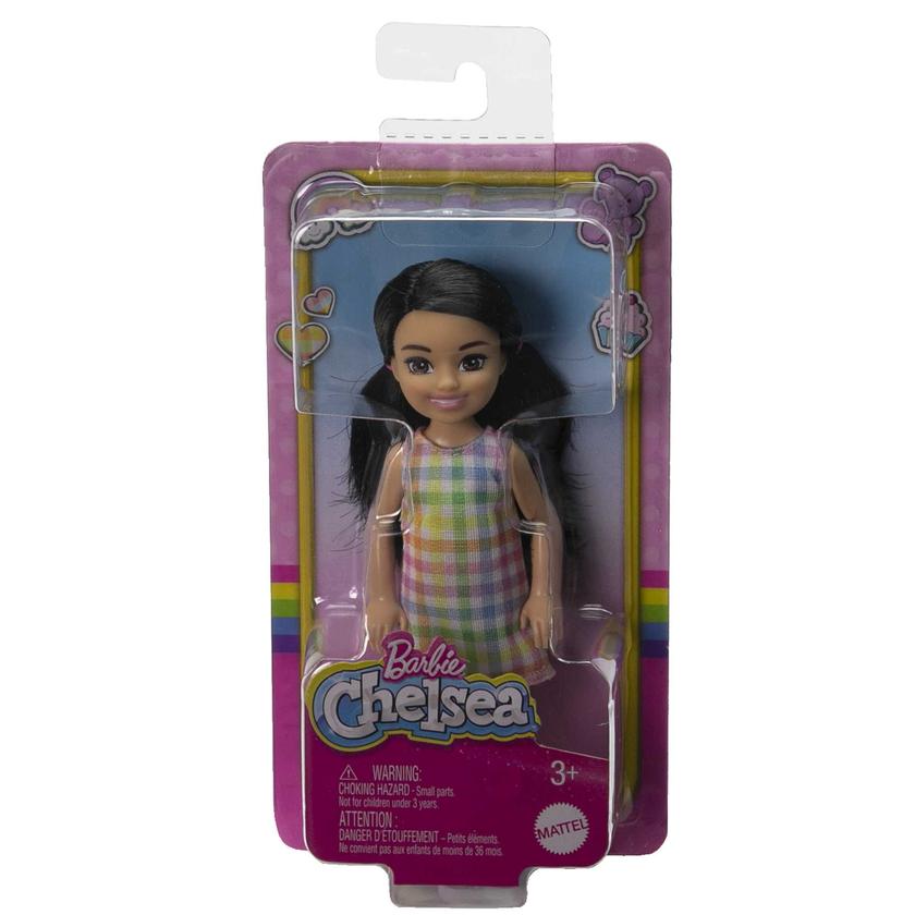 Barbie Chelsea Poupée, Cheveux Noirs, Yeux Bruns, Robe à Carreaux New Arrival