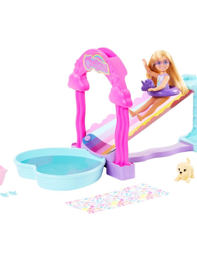 Barbie Chelsea Rainbow “Raining” Water Slide Toy Playset With Doll, Pup, & Accessories Same Day Delivery