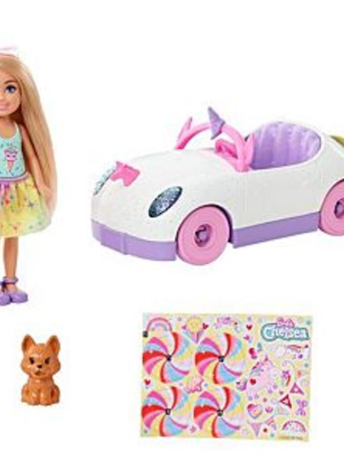 Barbie Club Chelsea Doll (6-Inch Blonde) With Open-Top Unicorn Car & Sticker Sheet On Sale