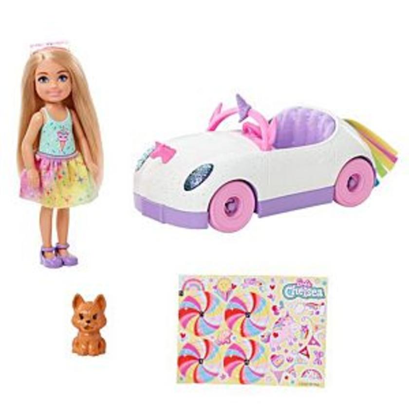 Barbie Club Chelsea Doll (6-Inch Blonde) With Open-Top Unicorn Car & Sticker Sheet On Sale