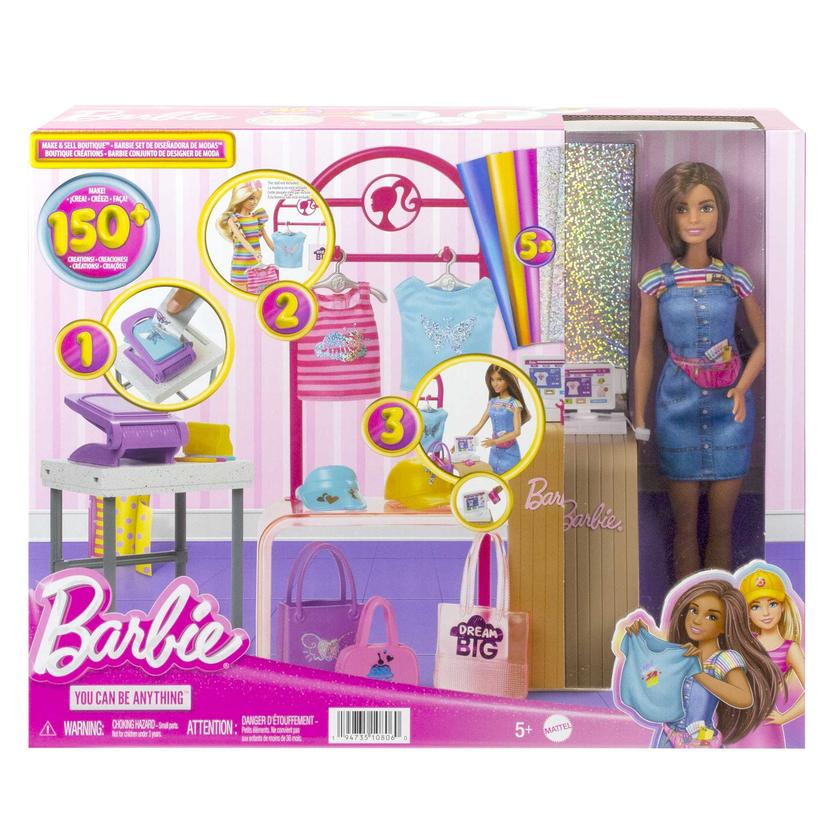 Barbie Coffret de Jeu Boutique Créations, Poupée Brunette, Access. For Sale