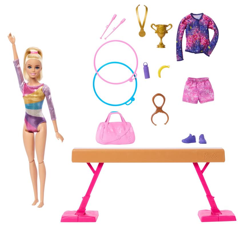 Barbie Coffret de Jeu Gymnaste, Poupée Mode, Blonde, 10Accessoires On Sale