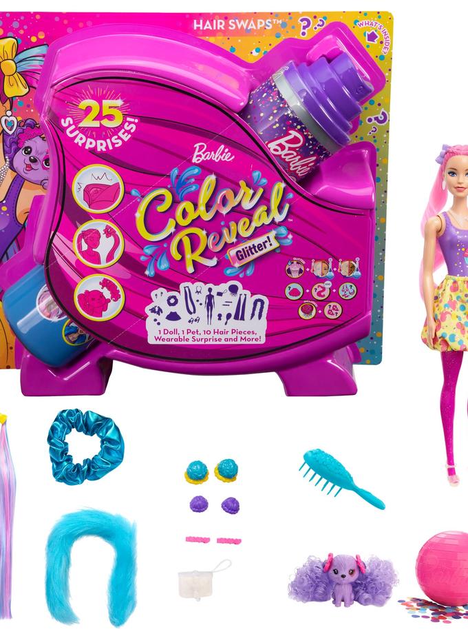 Barbie Color Reveal Glitter! Hair Swaps Doll, Glittery Pink With 25 Surprises New Arrival