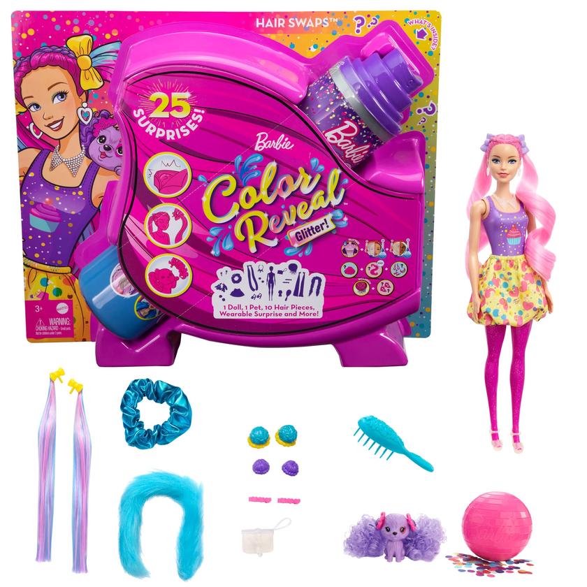 Barbie Color Reveal Glitter! Hair Swaps Doll, Glittery Pink With 25 Surprises New Arrival