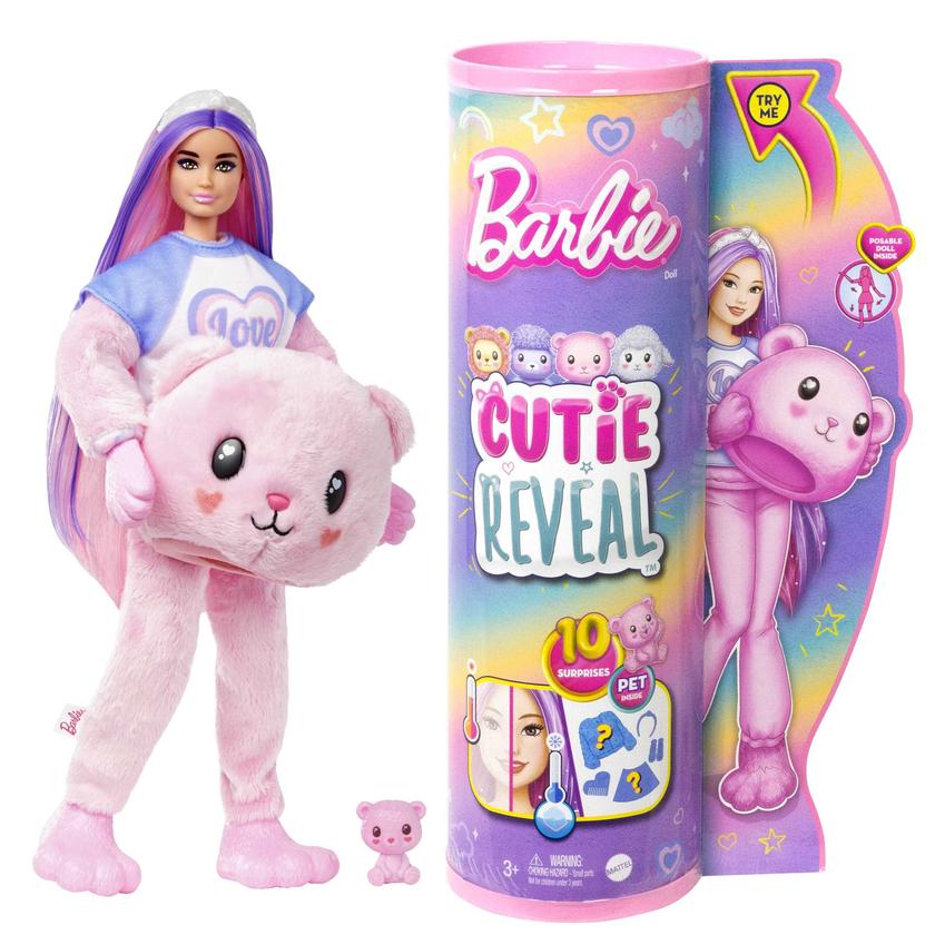 Barbie Cutie Reveal Doll & Accessories, Cozy Cute Tees Teddy Bear in “Love” T-Shirt, Purple-Streaked Pink Hair & Brown Eyes Best Buy