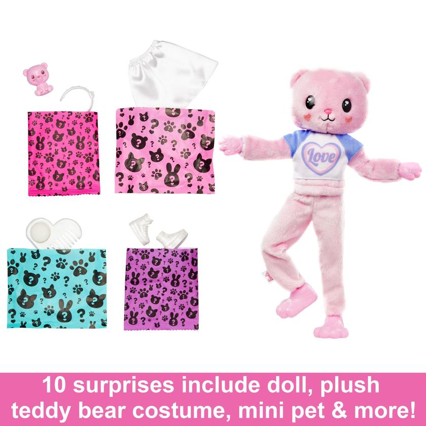 Barbie Cutie Reveal Doll & Accessories, Cozy Cute Tees Teddy Bear in “Love” T-Shirt, Purple-Streaked Pink Hair & Brown Eyes Best Buy