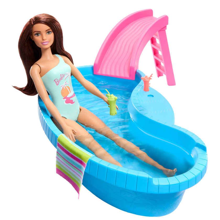 Barbie Doll And Pool Playset, Brunette With Pool, Slide, Towel And Drink Accessories On Sale