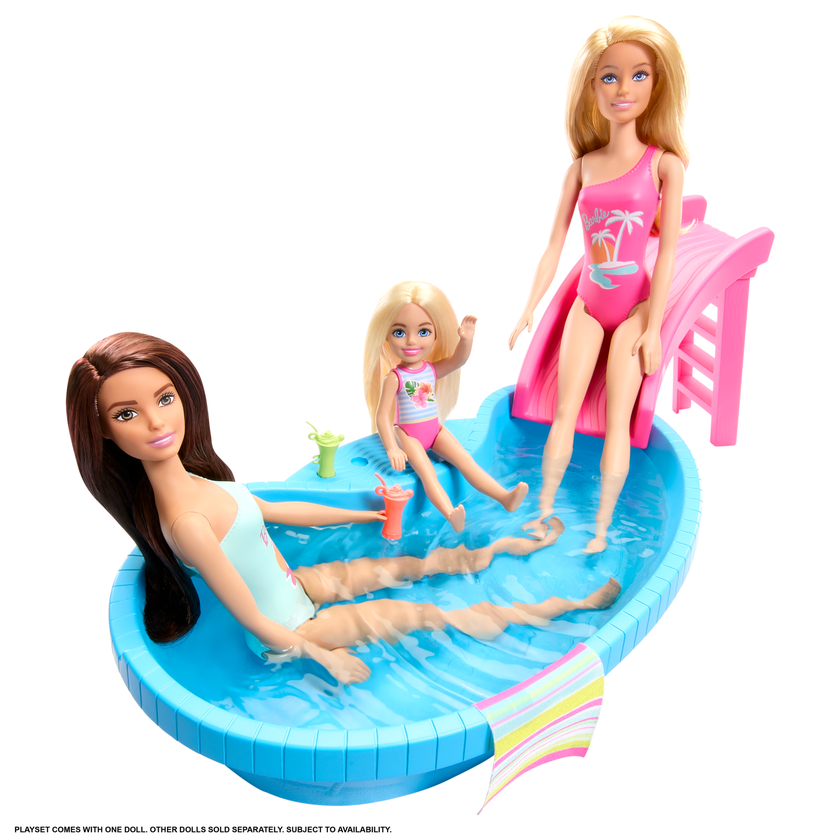 Barbie Doll And Pool Playset, Brunette With Pool, Slide, Towel And Drink Accessories On Sale