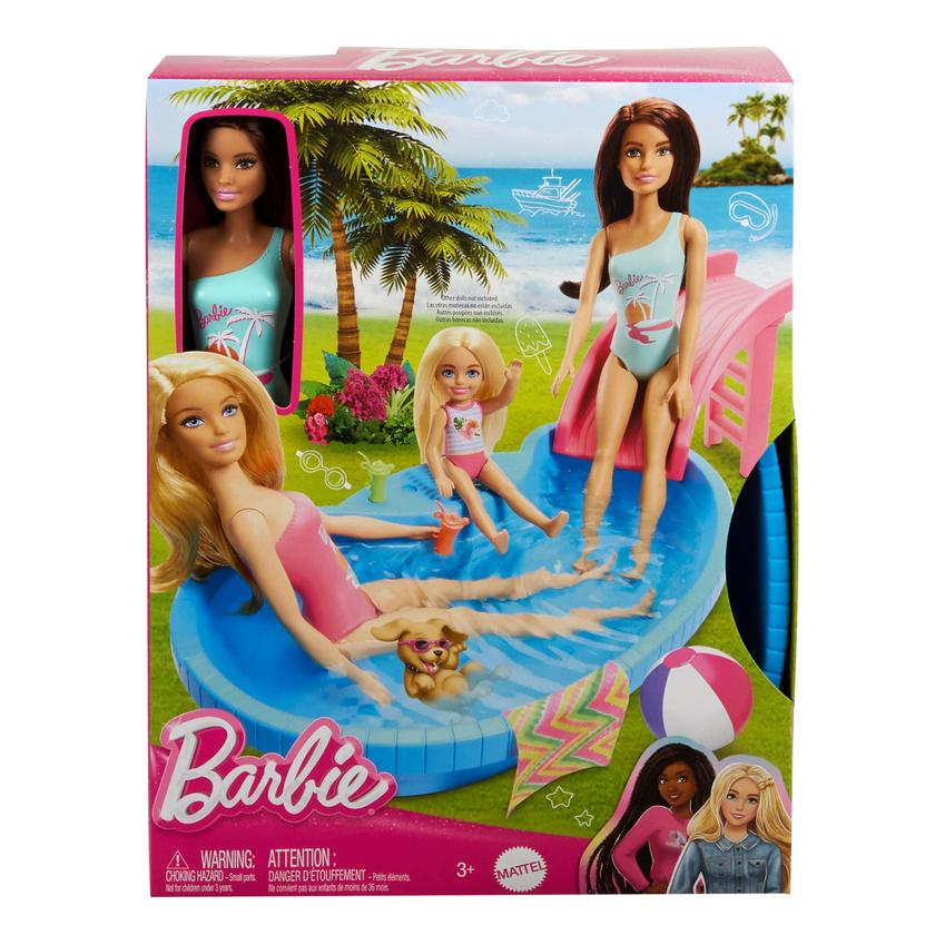 Barbie Doll And Pool Playset, Brunette With Pool, Slide, Towel And Drink Accessories On Sale