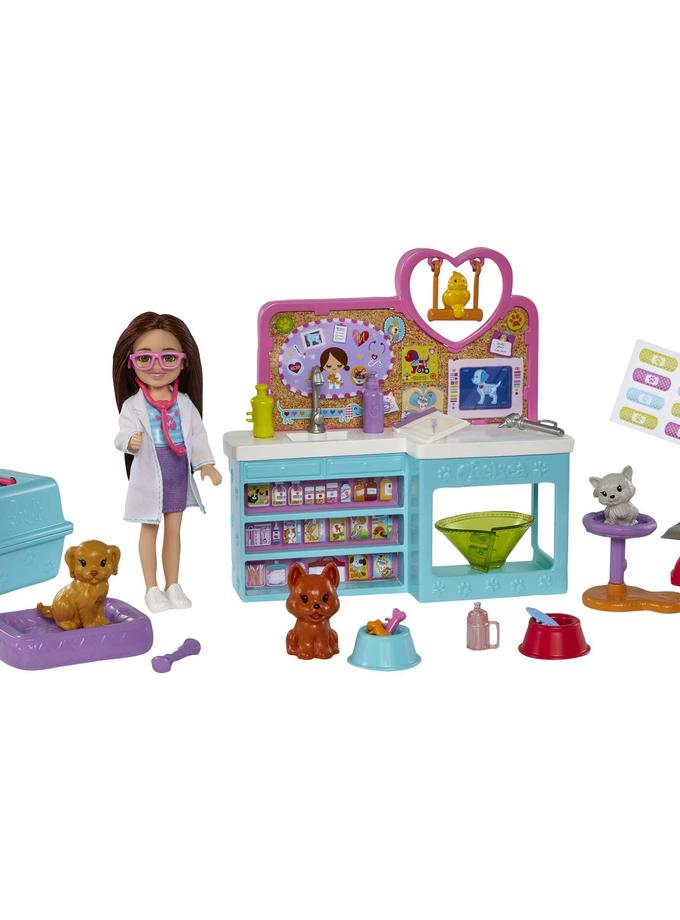 Barbie Doll Chelsea Pet Vet Playset With Doll, 4 Animals And 18 Pieces High Quality