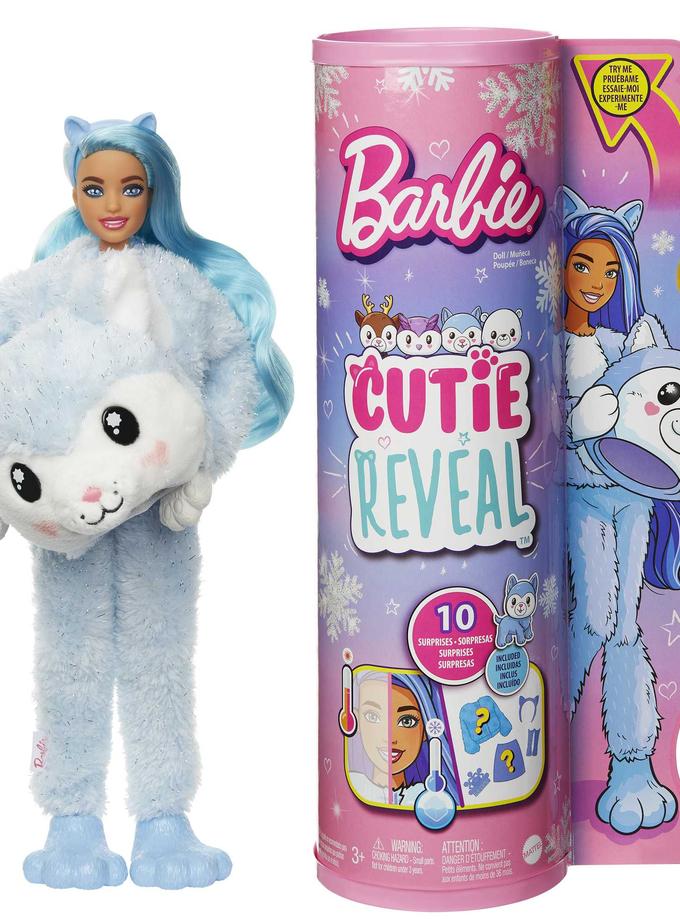 Barbie Doll Cutie Reveal Husky Plush Costume Doll With Pet, Color Change, Snowflake Sparkle For Sale