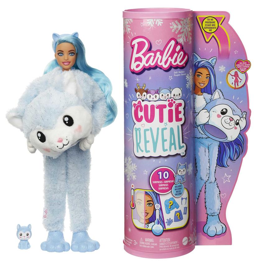 Barbie Doll Cutie Reveal Husky Plush Costume Doll With Pet, Color Change, Snowflake Sparkle For Sale