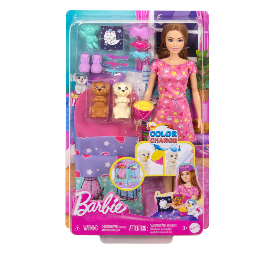 Barbie Doll & Puppy Slumber Party Playset With 2 Toy Dog Figures & 10+ Accessories, Color-Change Free shipping