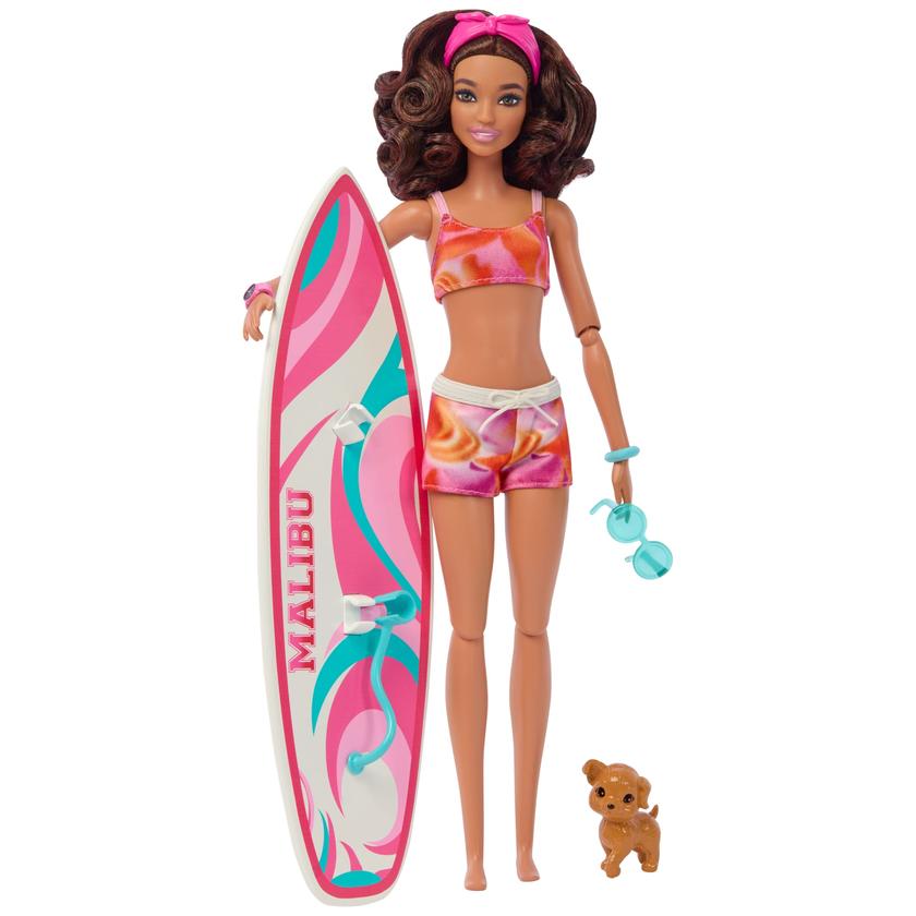 Barbie Doll With Surfboard And Puppy, Poseable Brunette Barbie Beach Doll Best Buy