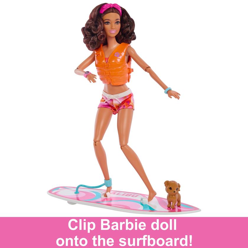 Barbie Doll With Surfboard And Puppy, Poseable Brunette Barbie Beach Doll Best Buy