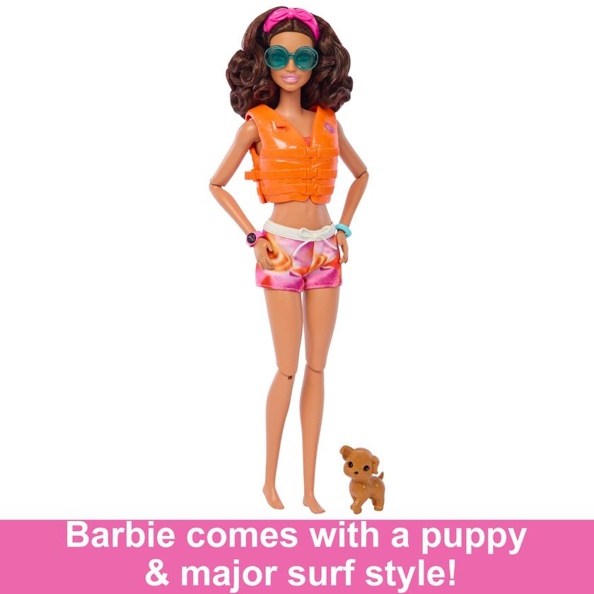 Barbie Doll With Surfboard And Puppy, Poseable Brunette Barbie Beach Doll Best Buy