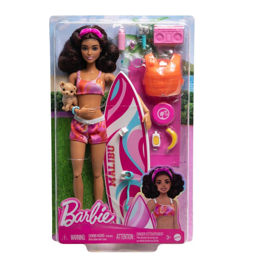 Barbie Doll With Surfboard And Puppy, Poseable Brunette Barbie Beach Doll Best Buy