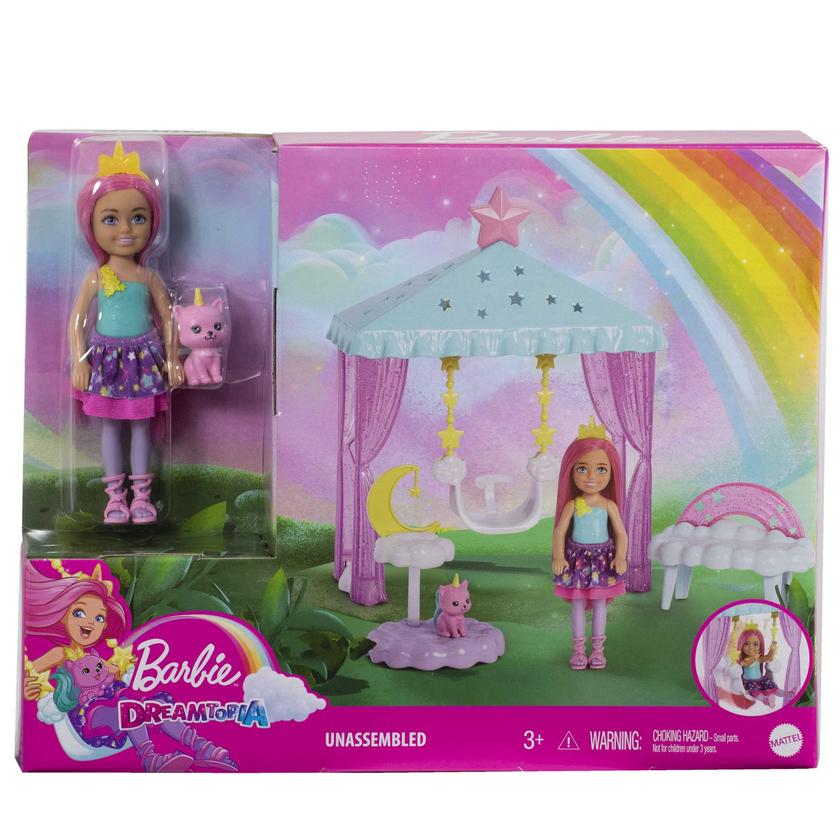 Barbie Dreamtopia Chelsea Small Doll And Accessories, Playset With Canopy Swing, Kitten And More Free shipping