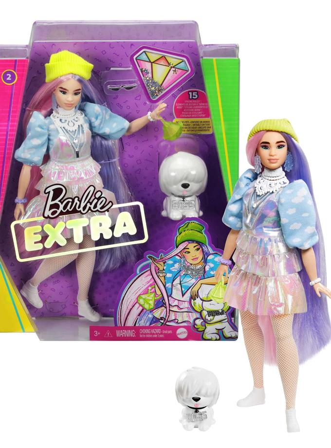 Barbie Extra Doll 2 in Shimmery Look With Pet Puppy, Pink And Purple Fantasy Hair Same Day Delivery