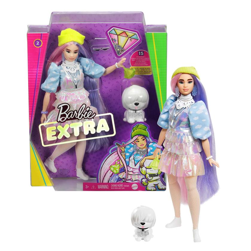 Barbie Extra Doll 2 in Shimmery Look With Pet Puppy, Pink And Purple Fantasy Hair Same Day Delivery