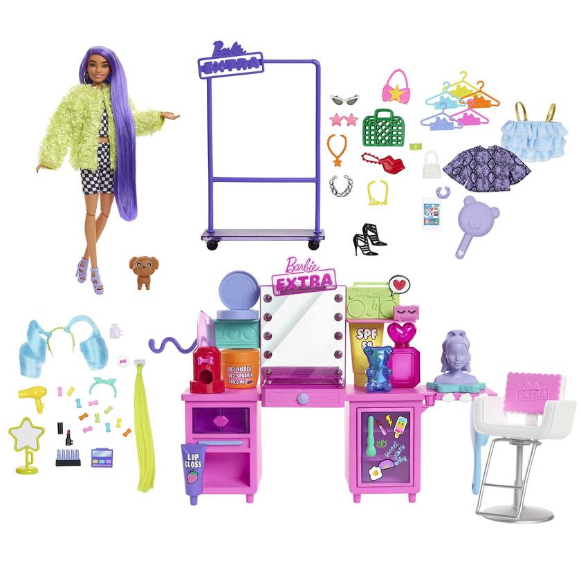 Barbie Extra Doll & Vanity Playset With Exclusive Doll, Pet Puppy, Vanity & 45+ Pieces For Sale