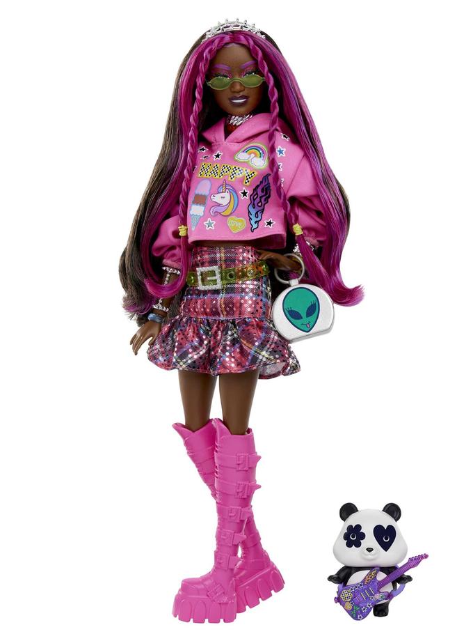 Barbie Extra Doll With Pet Panda, Pink-Streaked Brown Hair, Hoodie, Plaid Skirt And Accessories Best Price