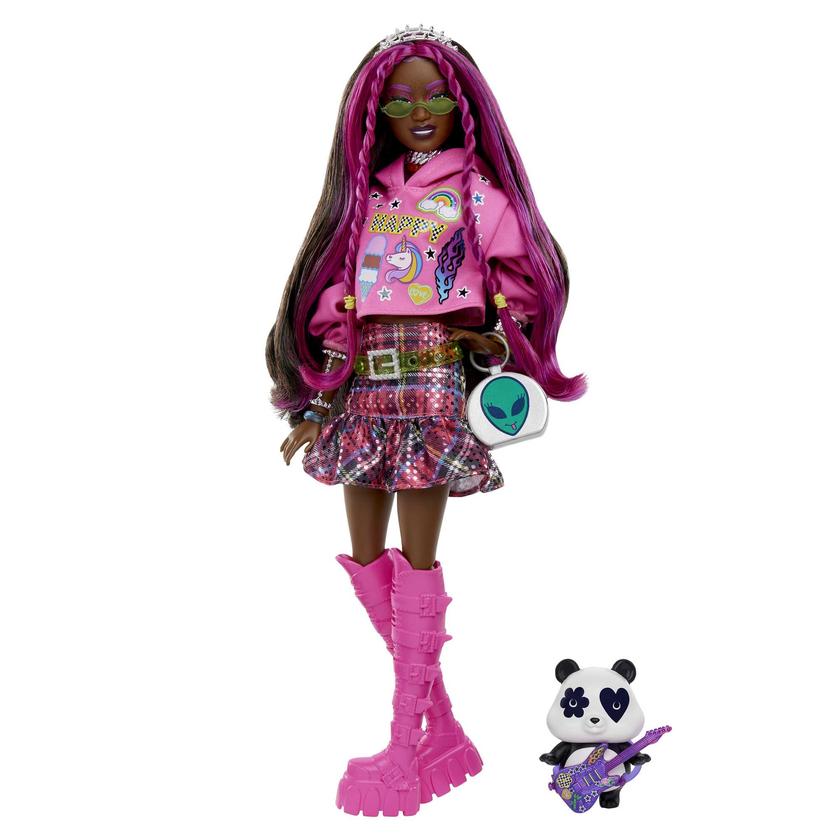 Barbie Extra Doll With Pet Panda, Pink-Streaked Brown Hair, Hoodie, Plaid Skirt And Accessories Best Price