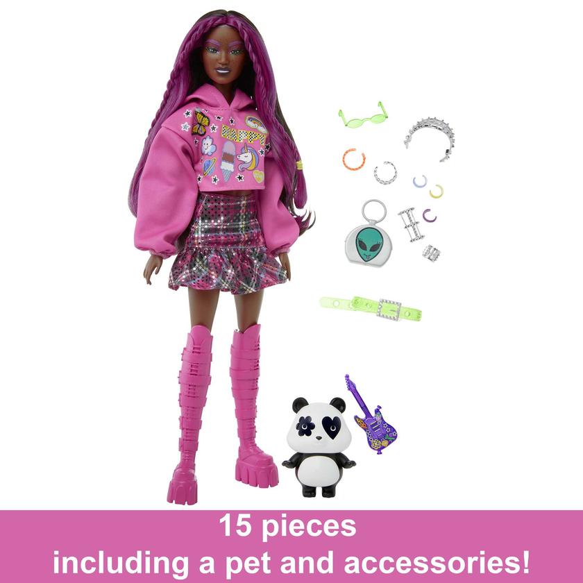 Barbie Extra Doll With Pet Panda, Pink-Streaked Brown Hair, Hoodie, Plaid Skirt And Accessories Best Price