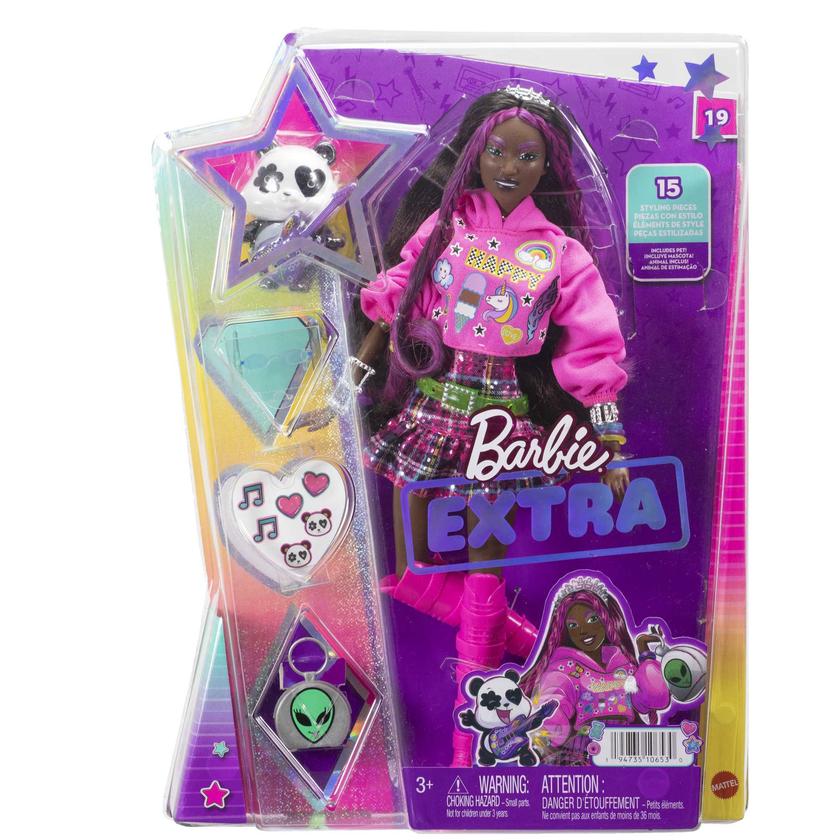 Barbie Extra Doll With Pet Panda, Pink-Streaked Brown Hair, Hoodie, Plaid Skirt And Accessories Best Price