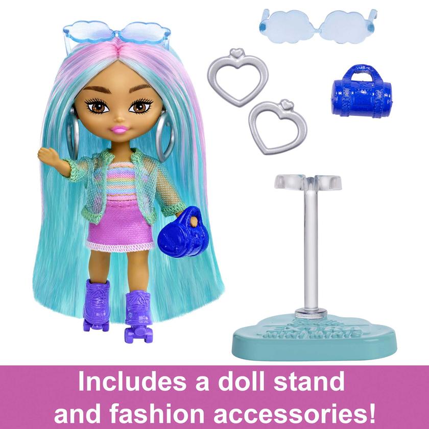 Barbie Extra Mini Minis Doll With Blue Hair, Accessories And Doll Stand, 3.25-Inch Collectible Free shipping