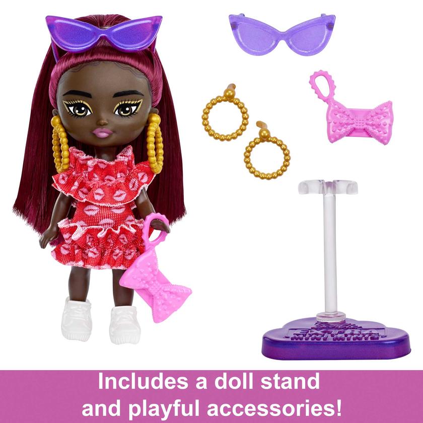 Barbie Extra Mini Minis Doll With Burgundy Hair, Accessories And Doll Stand, 3.25-Inch Collectible Free shipping