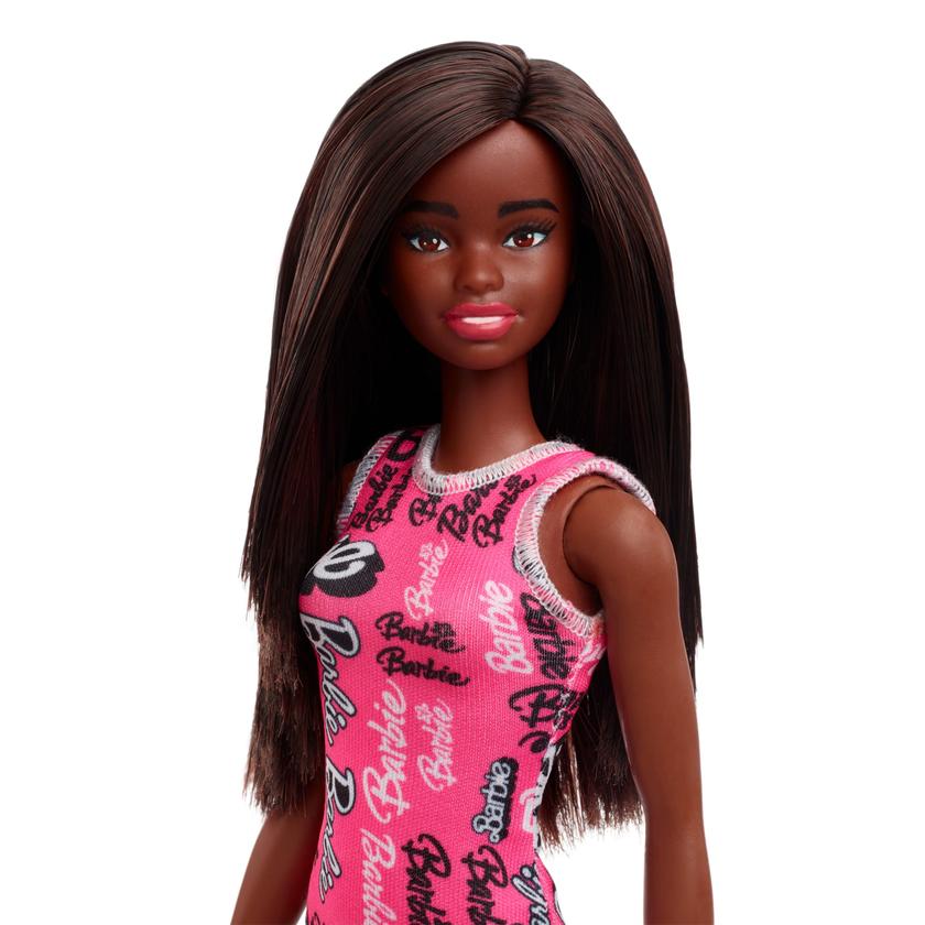 Barbie Fashion Doll With Straight Black Hair Wearing Removable Pink Dress With Logo Print & Shoes New Arrival