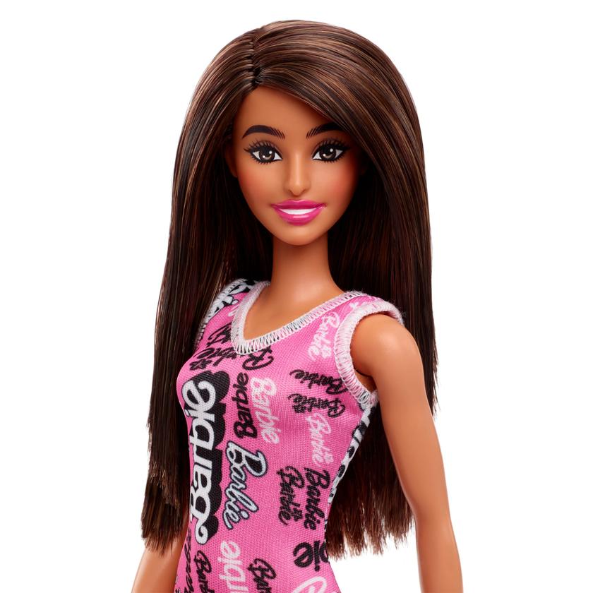 Barbie Fashion Doll With Straight Brown Hair Wearing Removable Pink Dress With Logo Print & Shoes On Sale